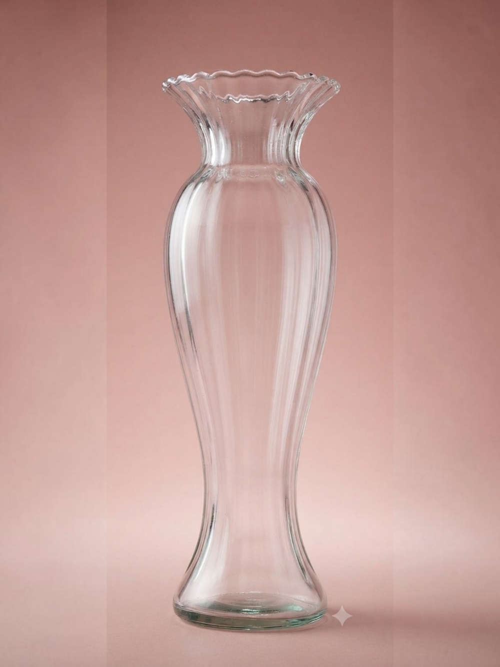 Clear Glass Aleman Vase with a Fluted, Ruffled Rim and a Ribbed Body Design **